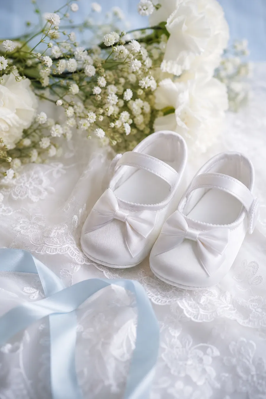 Zapatitos blancos de bautizo sobre encaje.