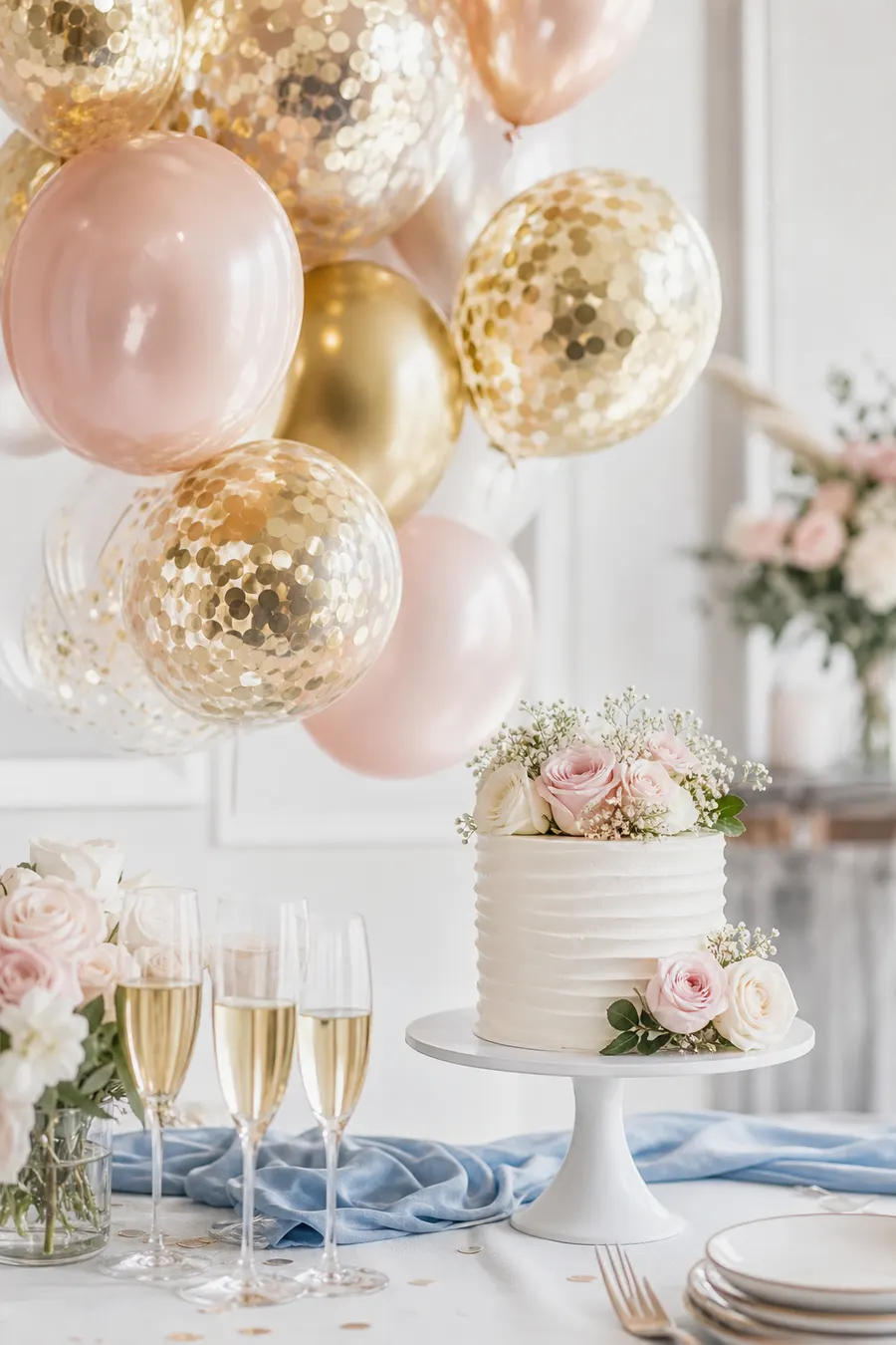 Globos dorados y un pastel con flores.