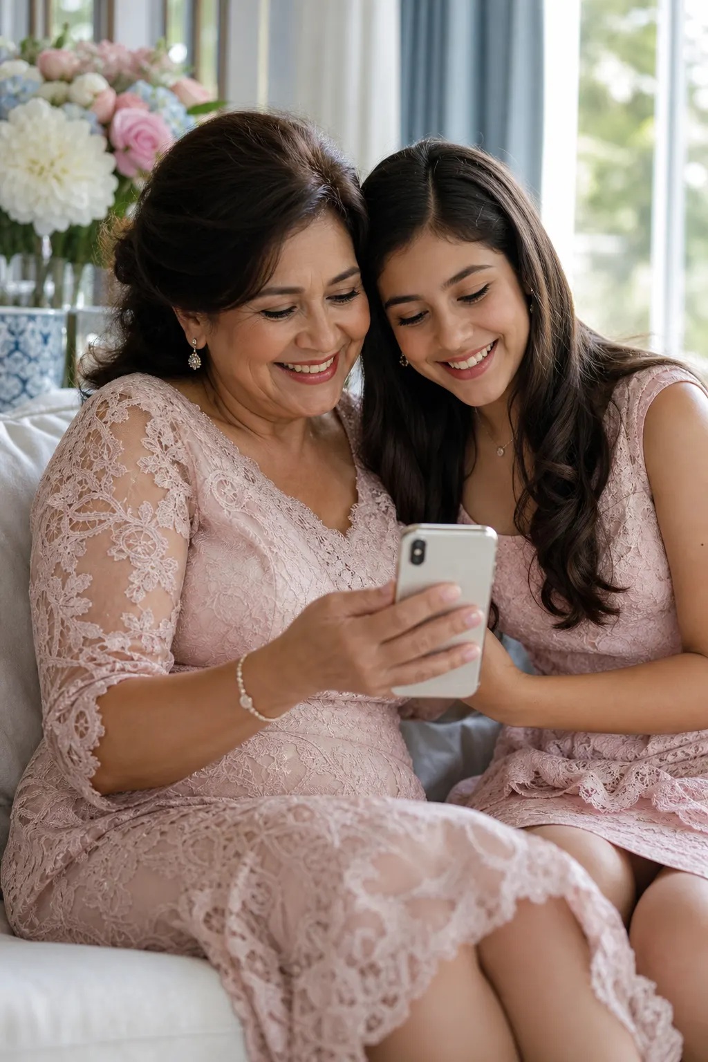 Una abuela y su nieta sonríen mientras ven una invitación en el celular.