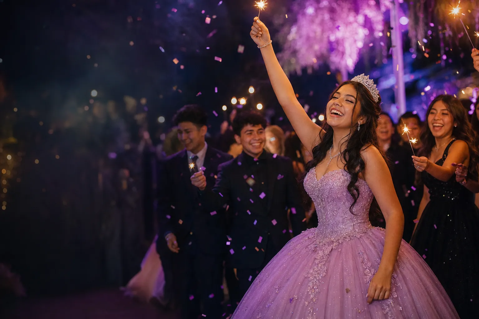 Una quinceañera con tiara celebra con bengalas junto a sus amigos durante la noche.