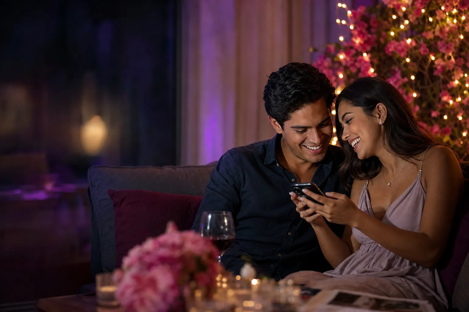 Una pareja ríe mientras planea su boda en el celular, rodeada de luces y flores.