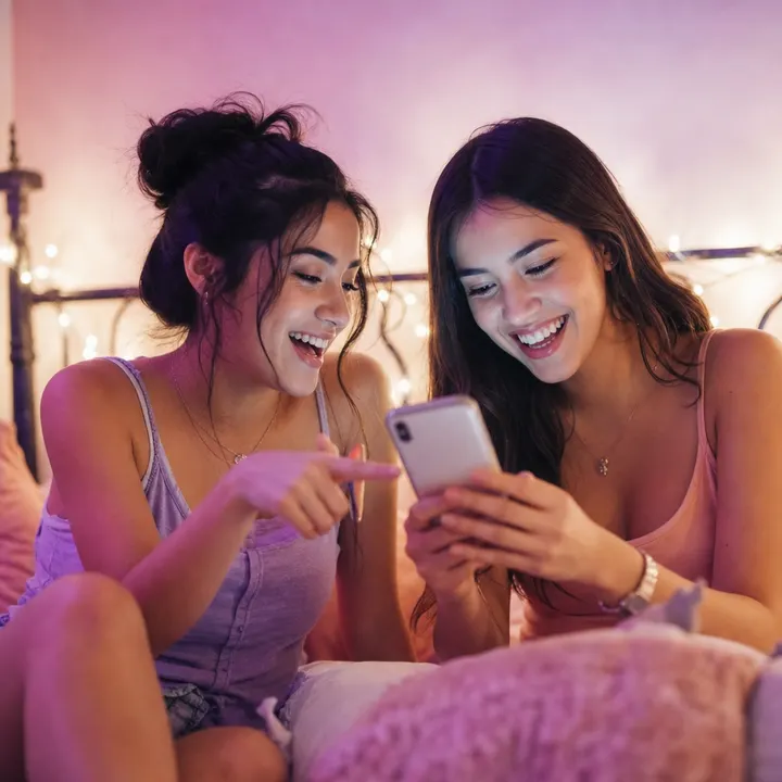 Dos amigas ríen mientras eligen un diseño en el celular.