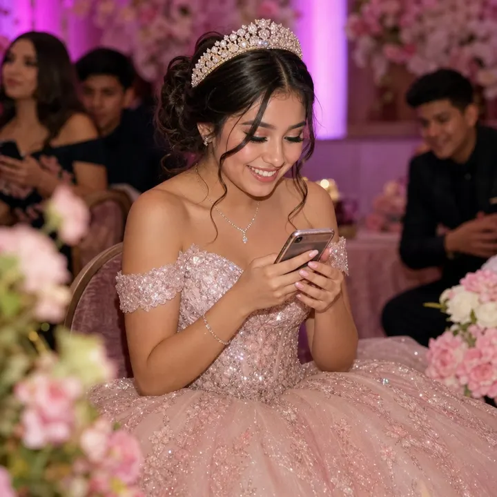 Una quinceañera con tiara comparte su invitación desde el celular.