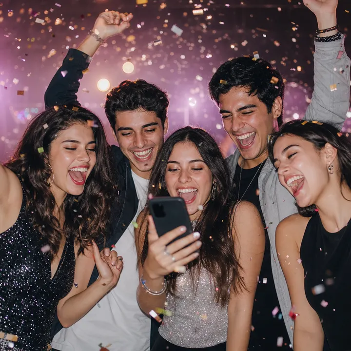 Un grupo de amigos celebra con confeti alrededor de un celular.
