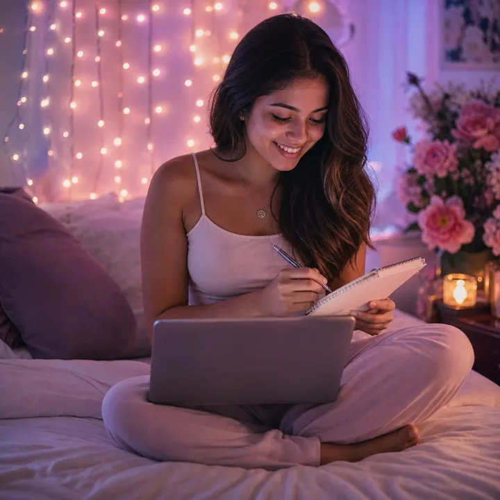 Una joven escribe su lista de invitados en una libreta junto a su laptop.