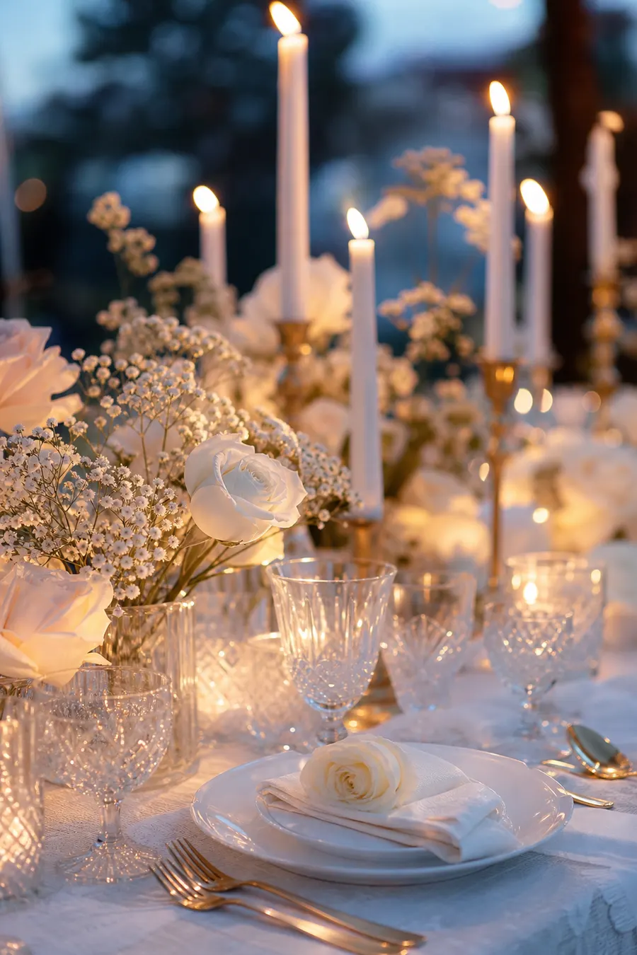 Mesa de boda con velas y rosas blancas.