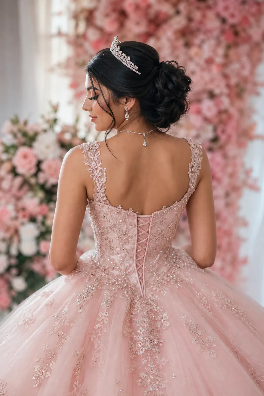 Quinceañera con tiara y vestido rosa.